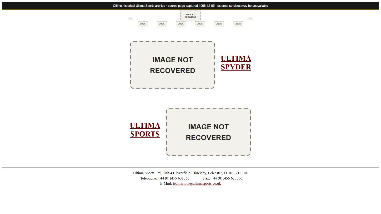 Recovered Ultima Sports homepage representing the separated 1998 and 1999 website families.