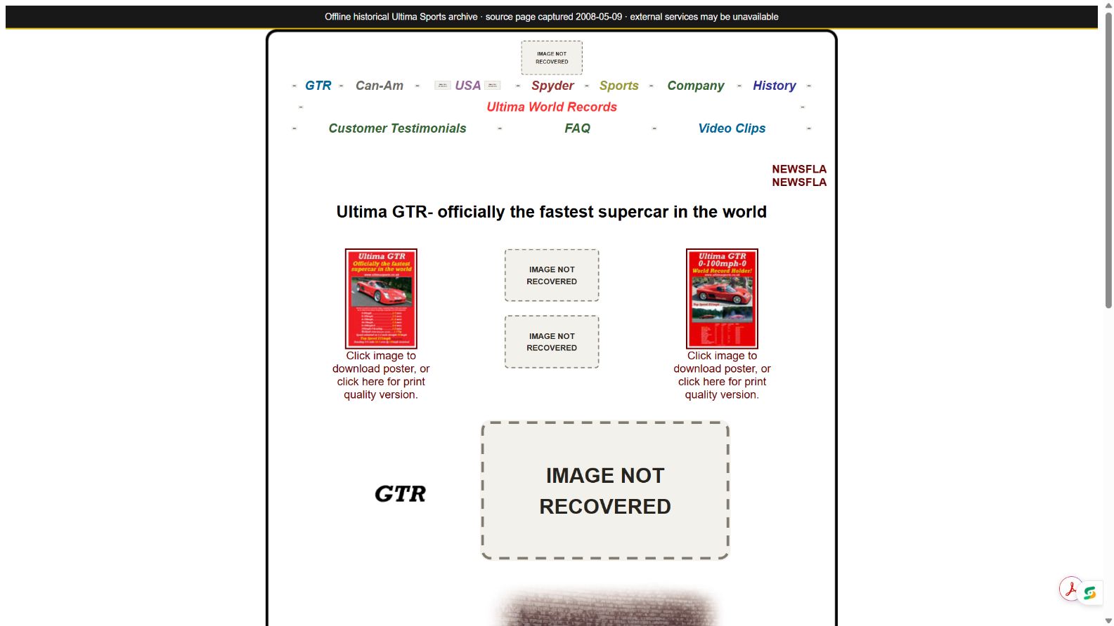 Recovered Ultima Sports website homepage from 2006.