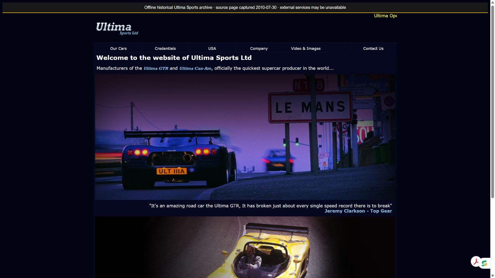 Recovered Ultima Sports website homepage represented by its 2013 capture.