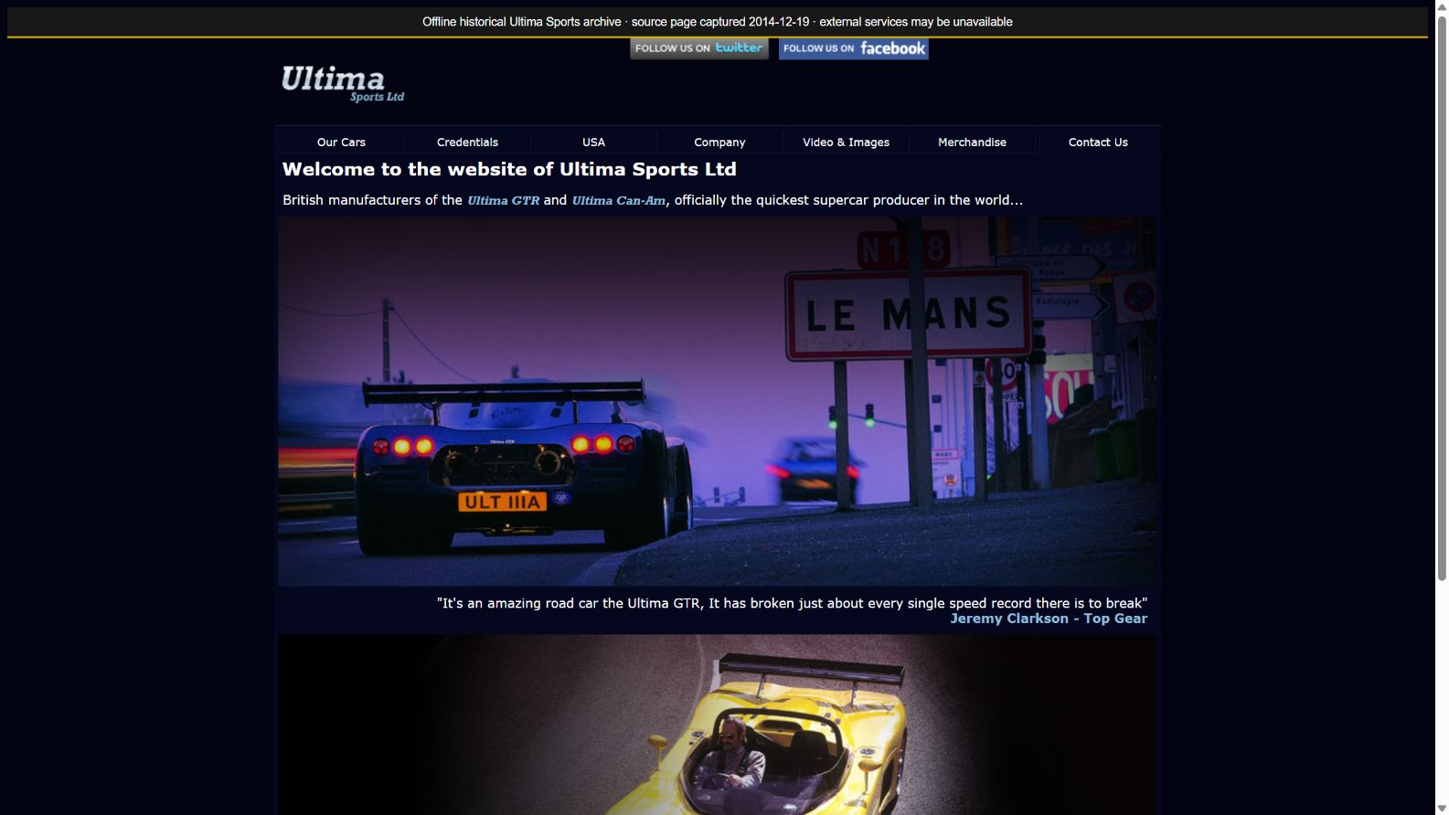Sparse recovered Ultima Sports website homepage from 2014.