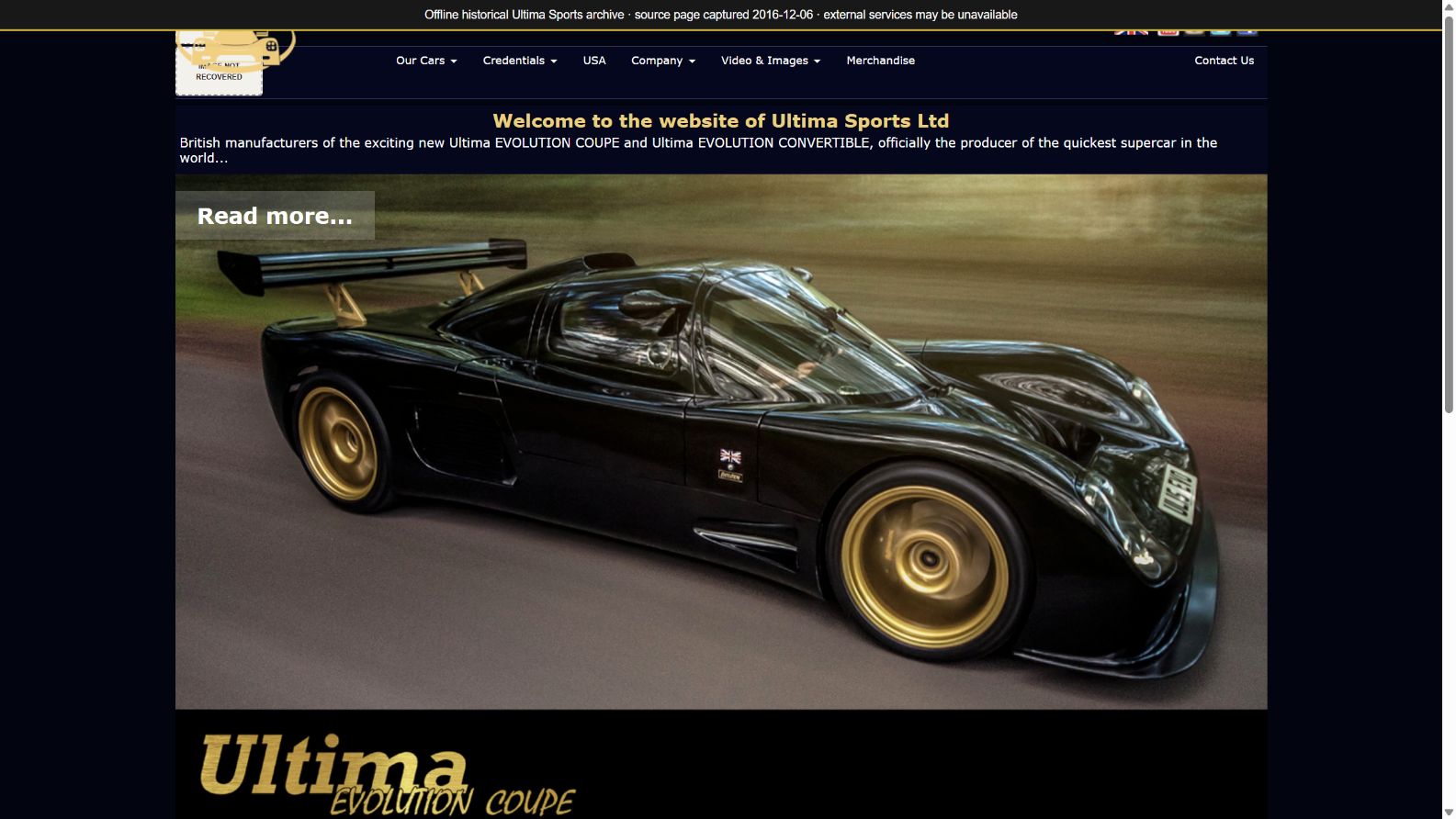 Recovered Ultima Sports website homepage from 2015.