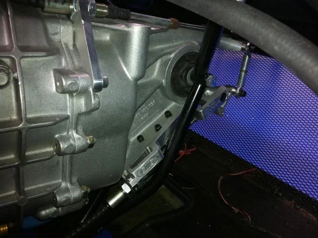 Opposite view of the CMS cable linkage installed on a Porsche G50 transaxle.