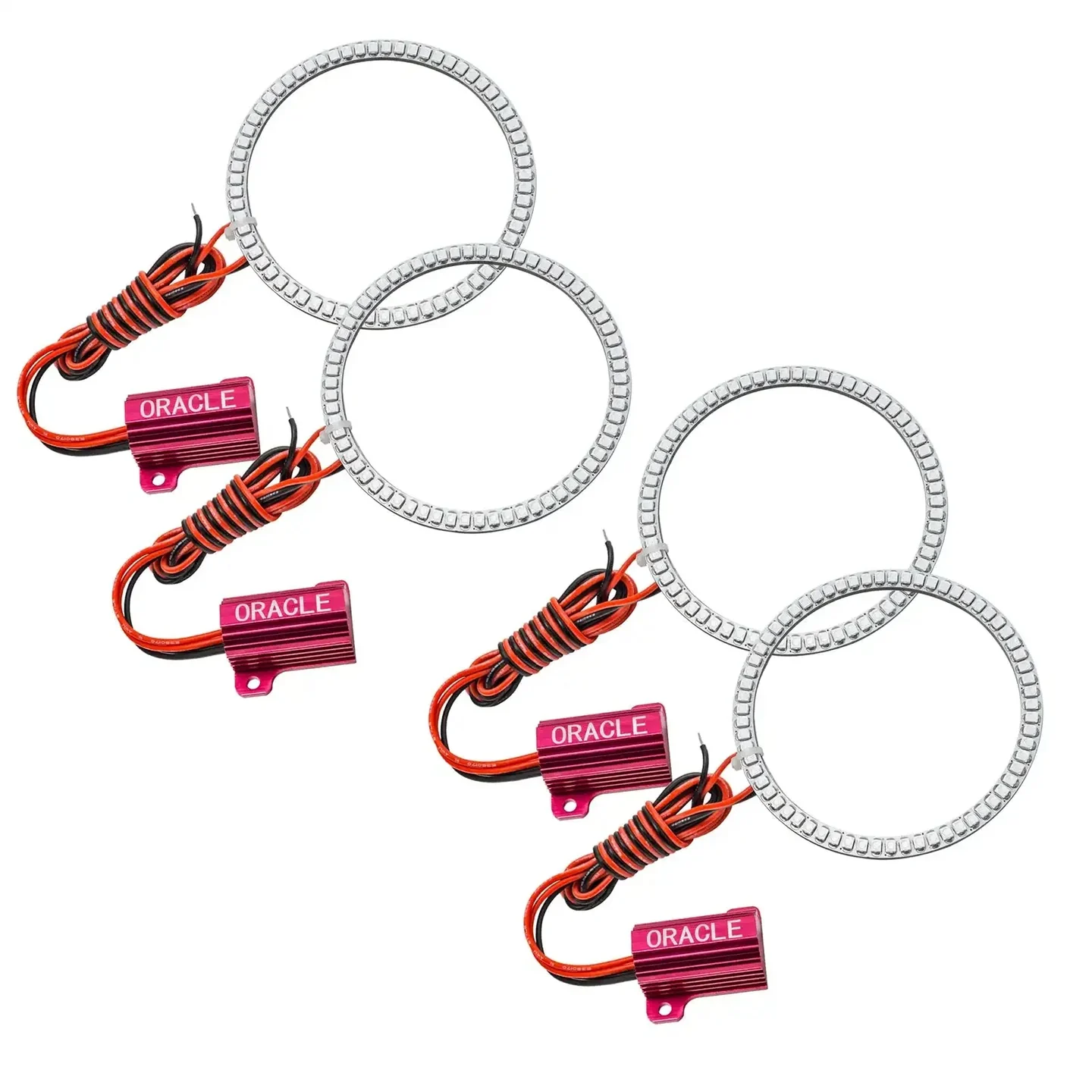 Four red-wired LED halo rings with their individual control modules.