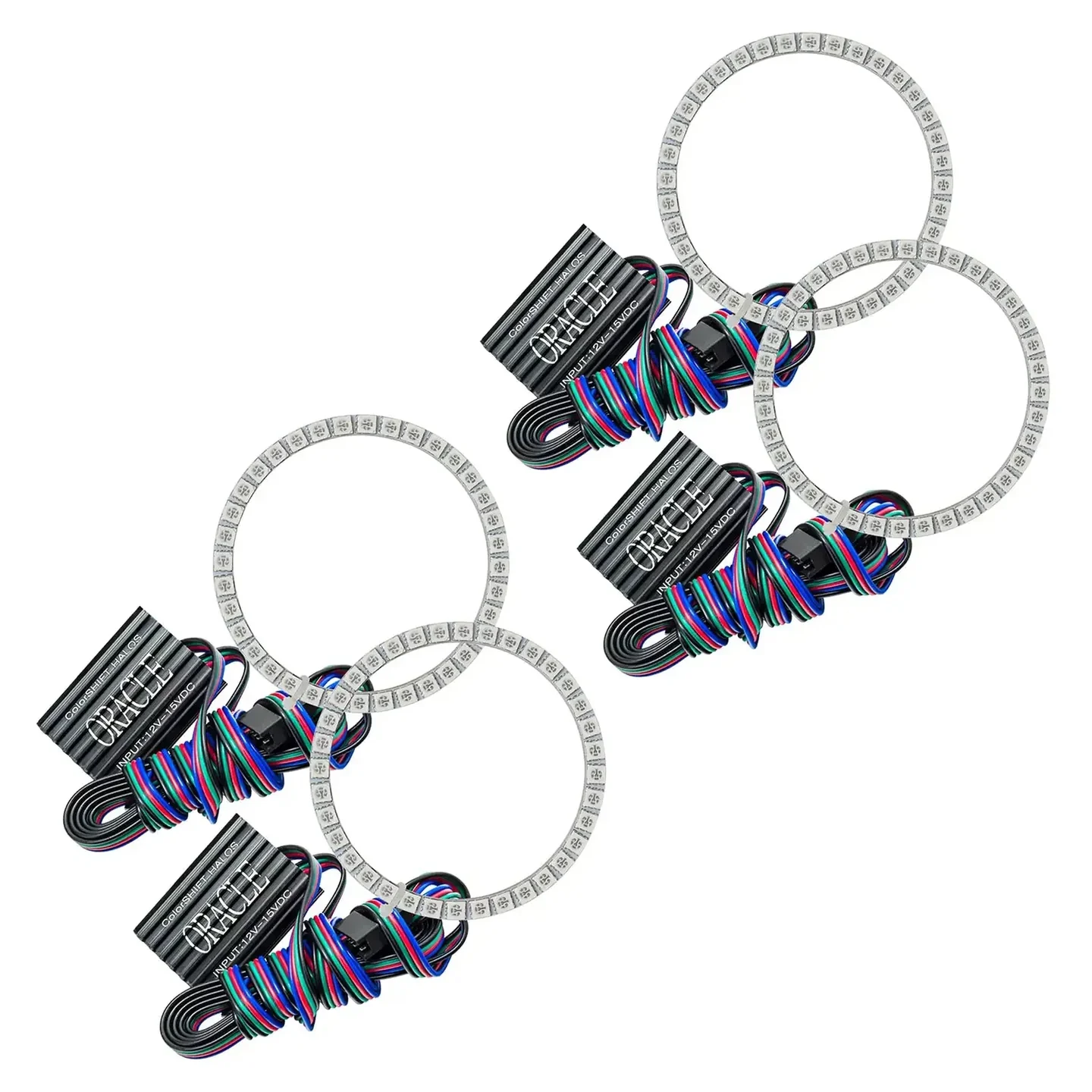 Four LED halo rings with black control modules and wiring looms.