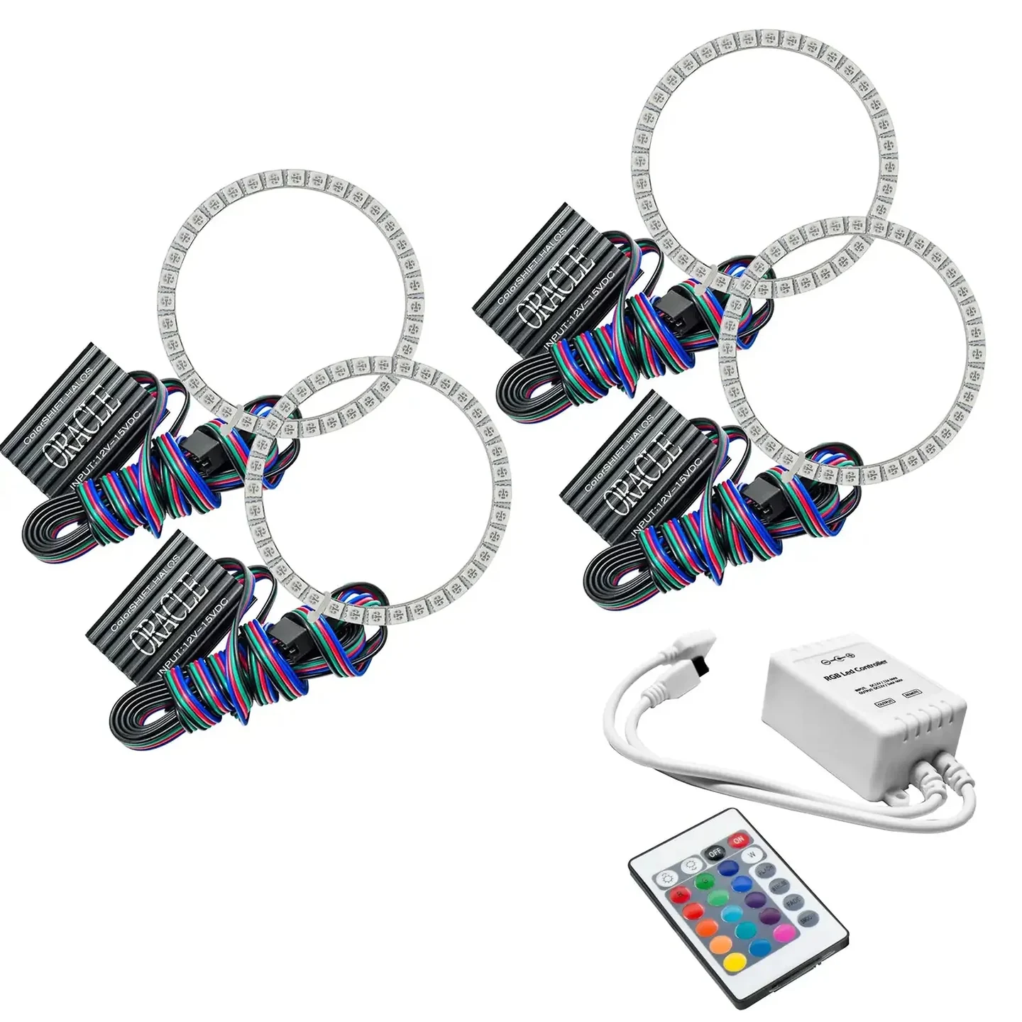 Four LED halo rings and modules shown with a plug-in controller and remote.