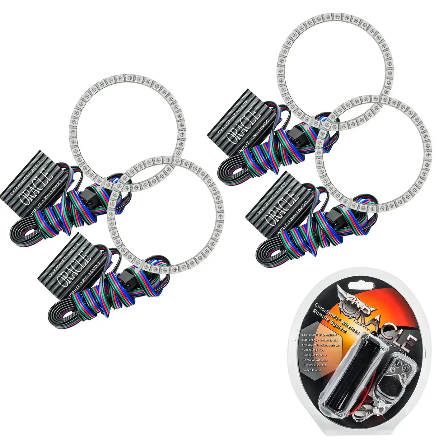 Four LED halo rings and modules shown with a rotary control accessory.