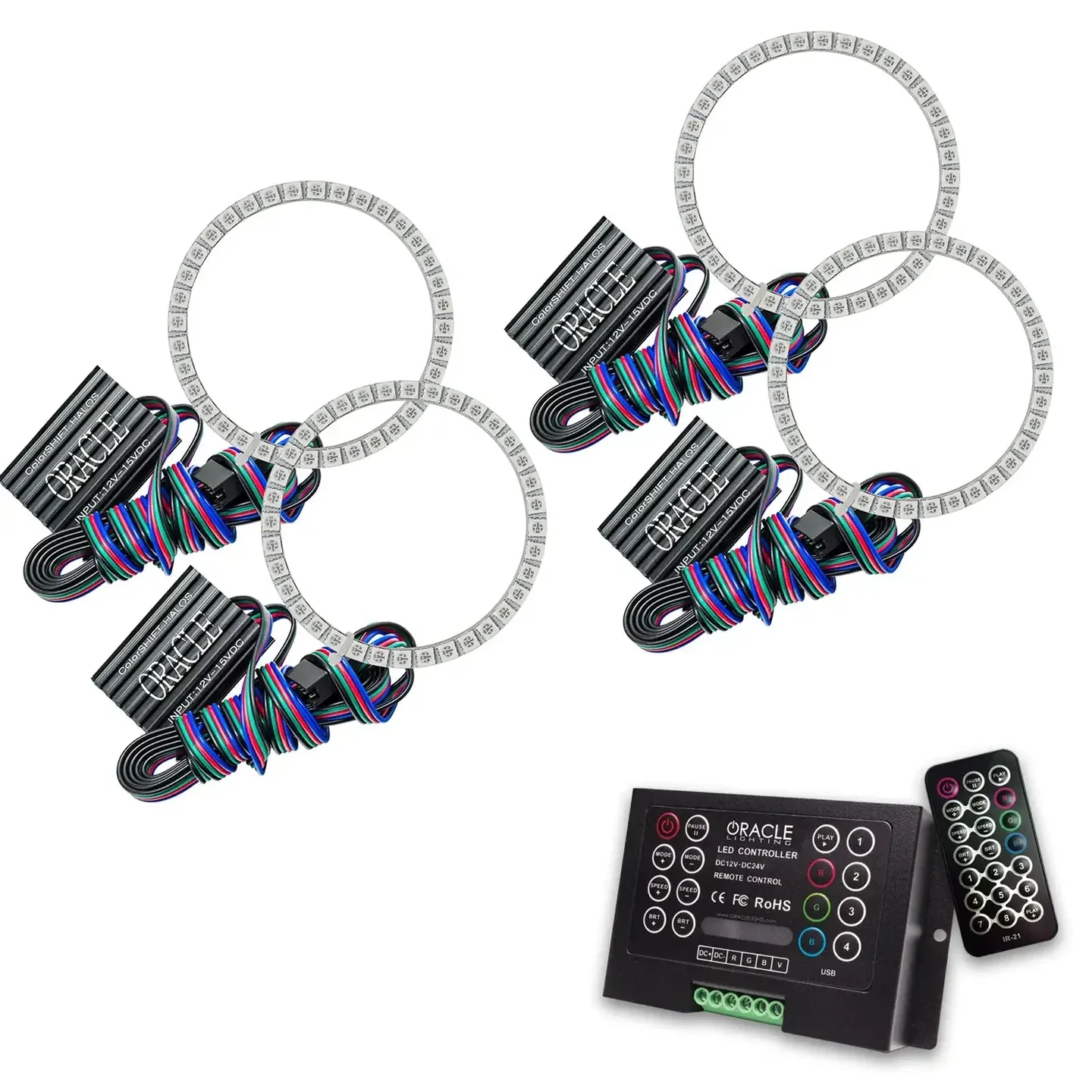 Four LED halo rings and modules shown with a black controller and handheld remote.