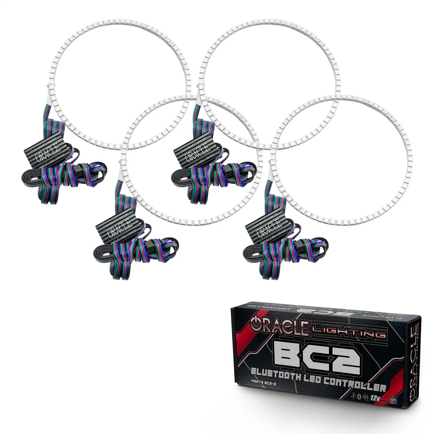 Four LED halo rings and modules shown with an ORACLE BC2 controller.