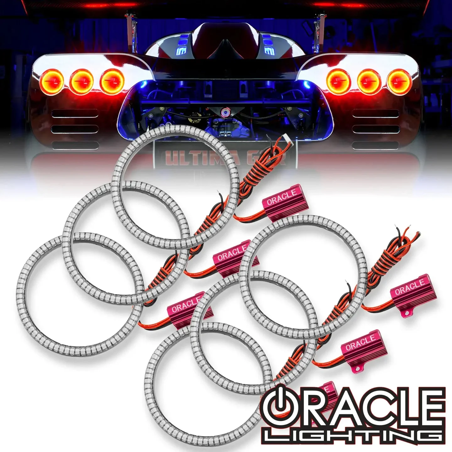 Six red-wired tail-light halo rings beneath the illuminated rear of an Ultima GTR.