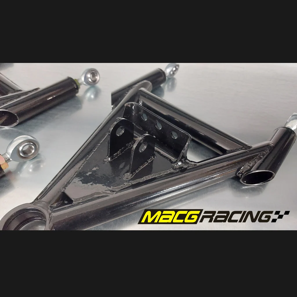 Close-up of front wishbones and rose joints