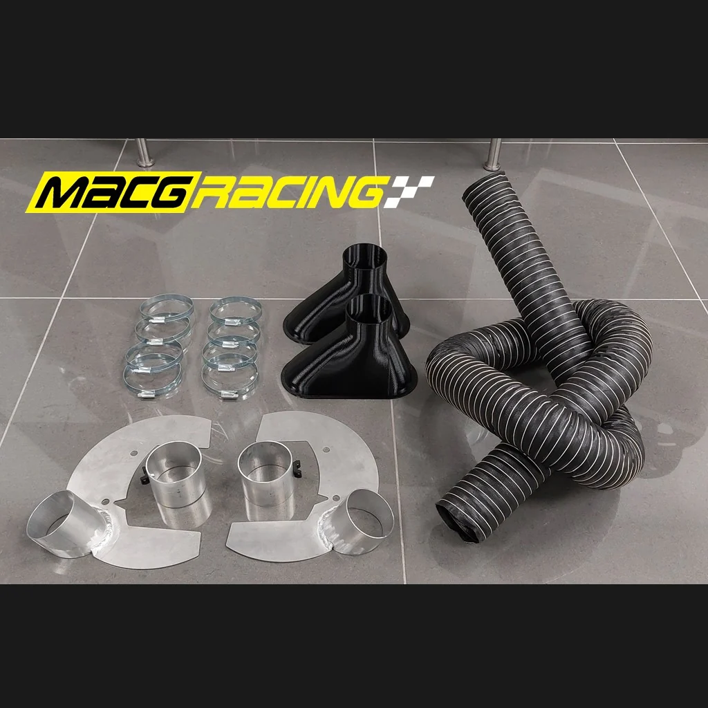 Brake duct kit components, including hoses, inlet scoops, brackets and clamps