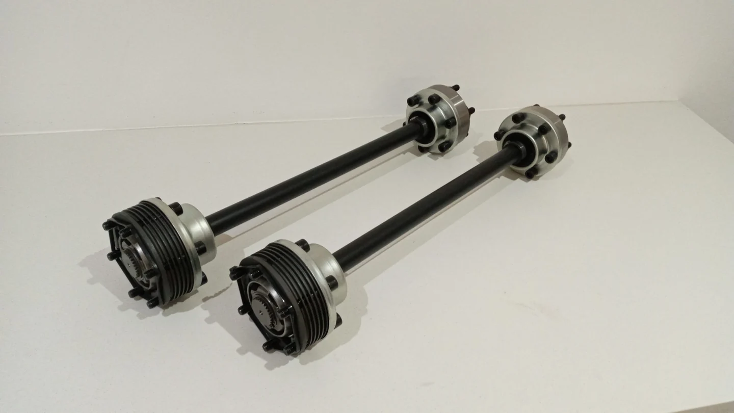 Pair of uprated driveshafts shown from the inboard end