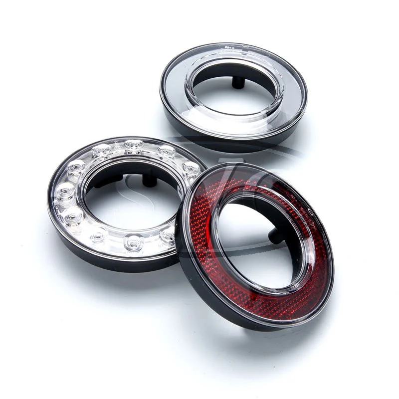 Clear and red 98 mm outer LED tail-light ring variants arranged together.