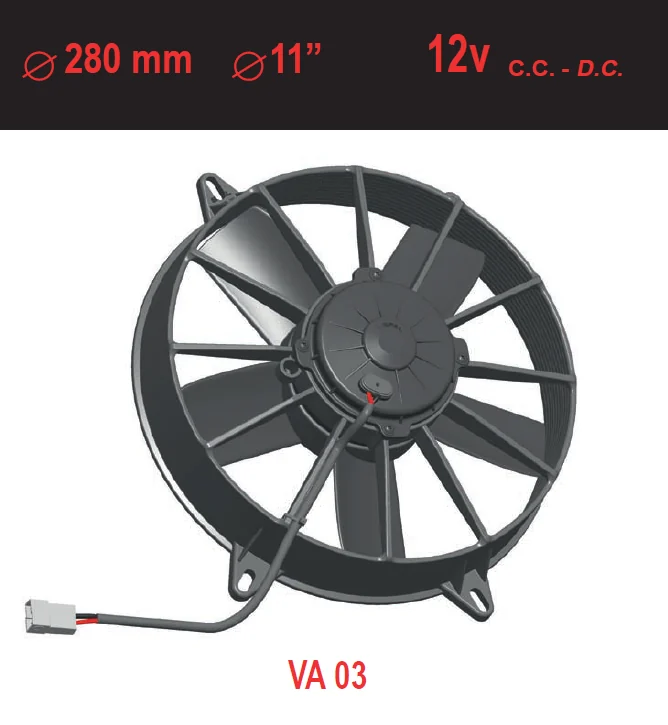 Front view of the 280 mm SPAL VA03 electric cooling fan and its connector.