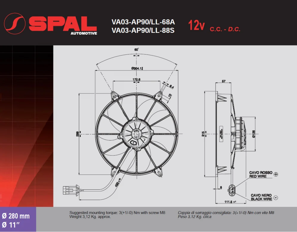 Dimensioned front and side drawing of the SPAL VA03 cooling fan.