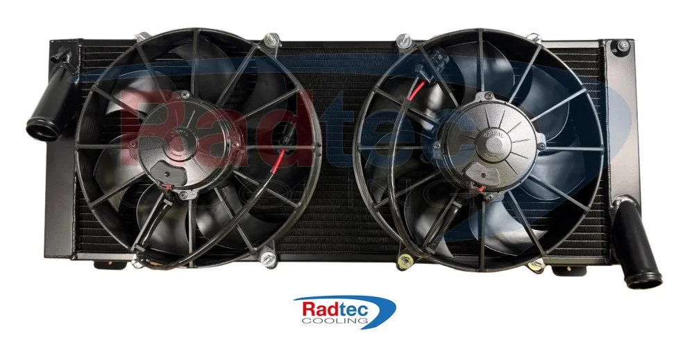 Ultima 80 mm radiator assembly viewed square-on with two cooling fans fitted.