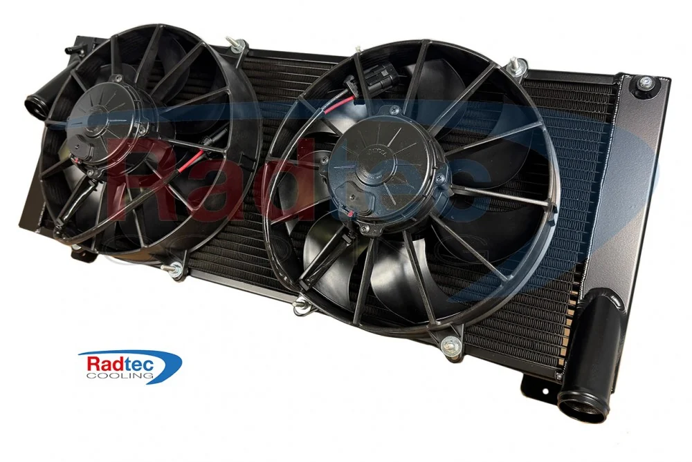 Angled view of the Ultima 80 mm radiator assembly with twin fans fitted.