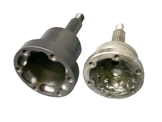 Pair of machined G50 stub shafts, shown from their flange and splined ends.