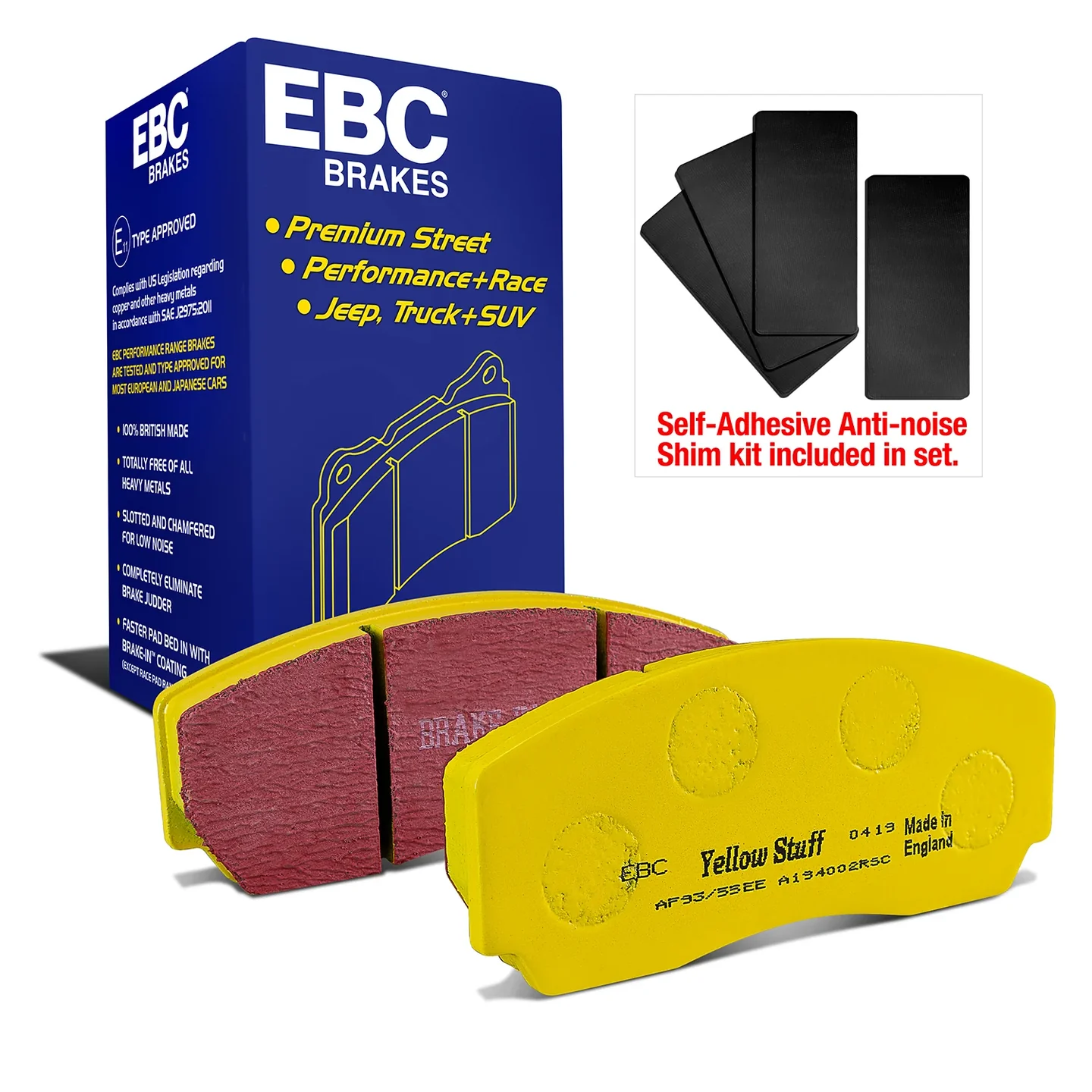 EBC Yellowstuff DP4002R pad set with packaging and anti-noise shims.