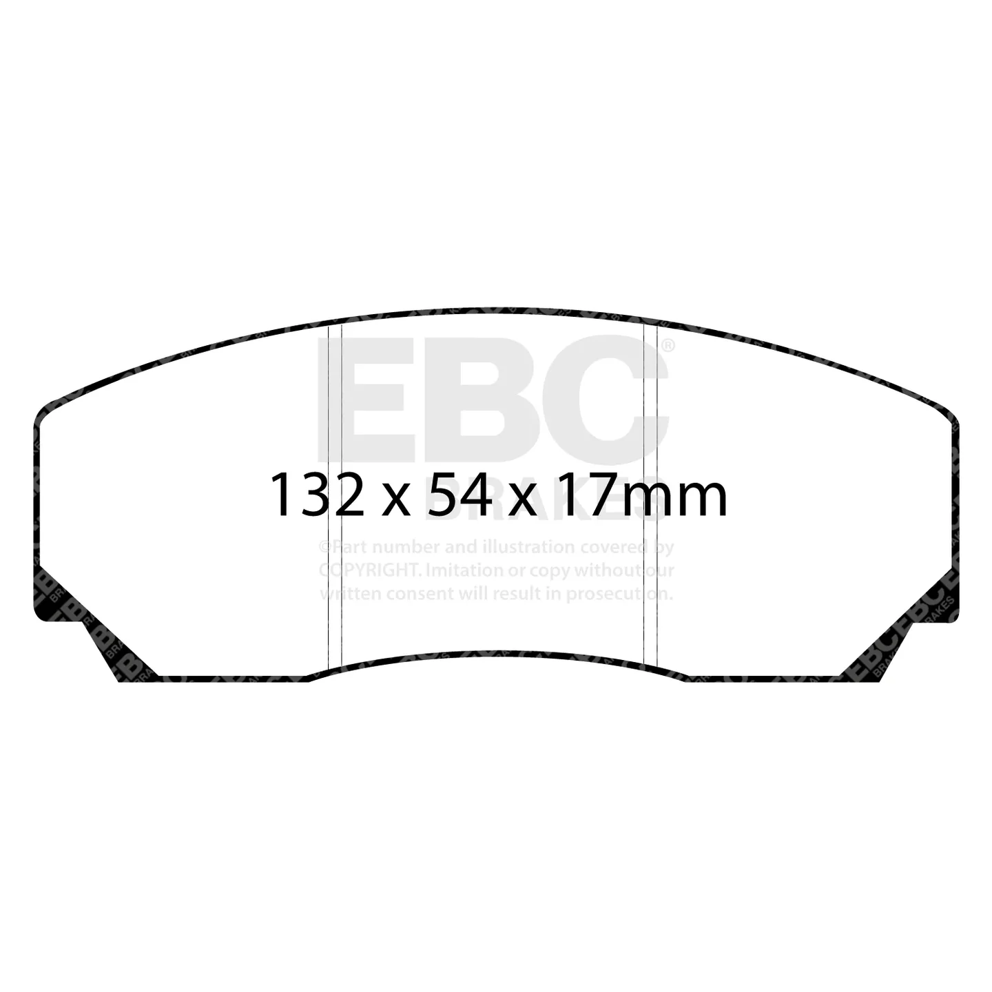 EBC DP002 pad outline with its 132 by 54 by 17 mm dimensions marked.
