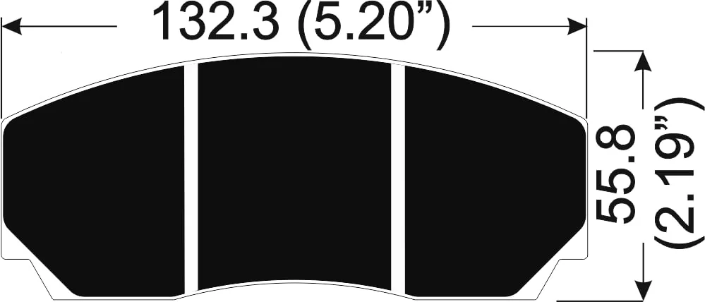 AP Racing CP3215D50 pad profile with 132.3 mm width and 55.8 mm height marked.