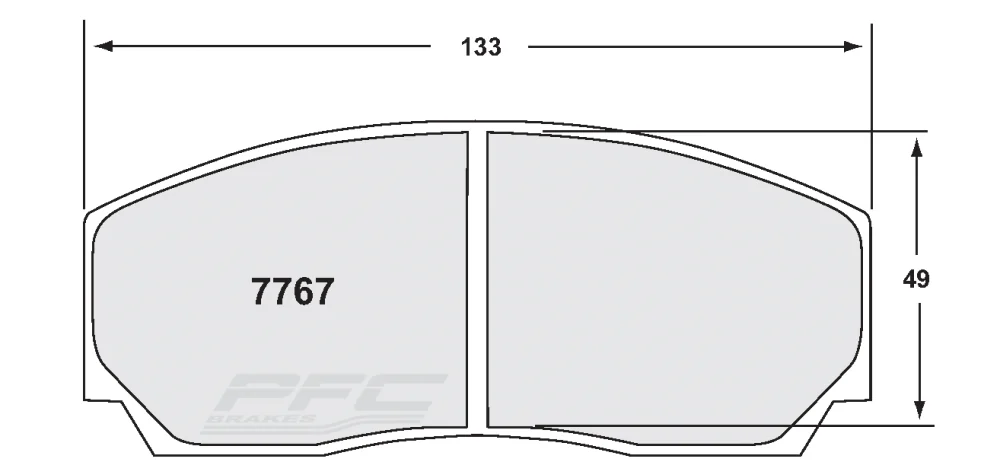 PFC 7767 brake-pad profile drawing with its 133 mm width and 49 mm height marked.