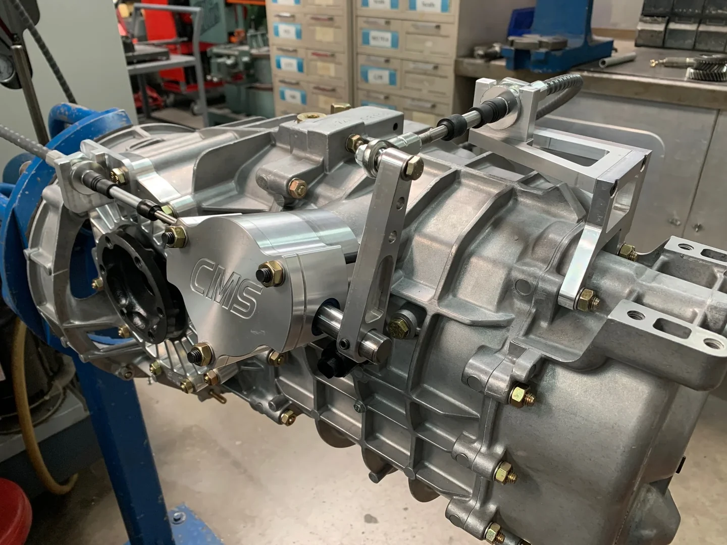 Complete G50 transaxle with the CMS side-shifter and cable linkage fitted.