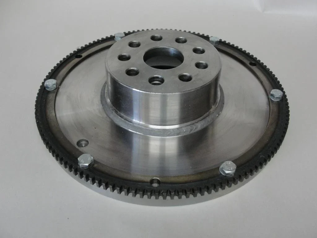 Machined LS-to-G50 conversion flywheel viewed from the mounting side.
