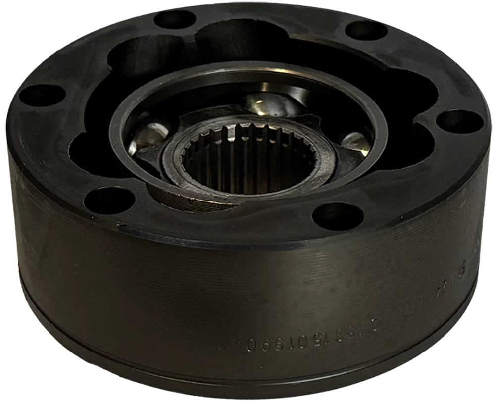 Front view of a 108 mm GKN CV joint showing its six-hole flange and splined centre.